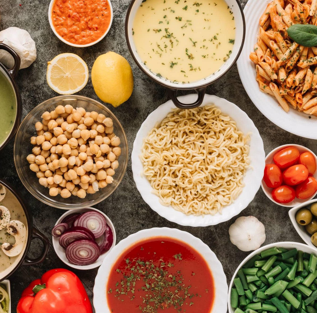 table full of delicious dishes of food